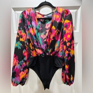 SHEIN Graphic Print Lantern Sleeve Satin Bodysuit